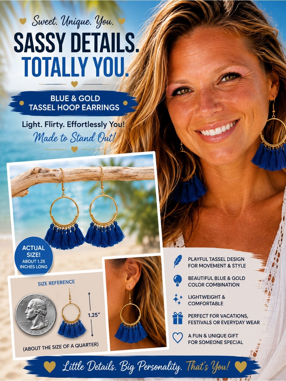 Fashion Jewelry Blue and Gold Tassel Hoop Earrings